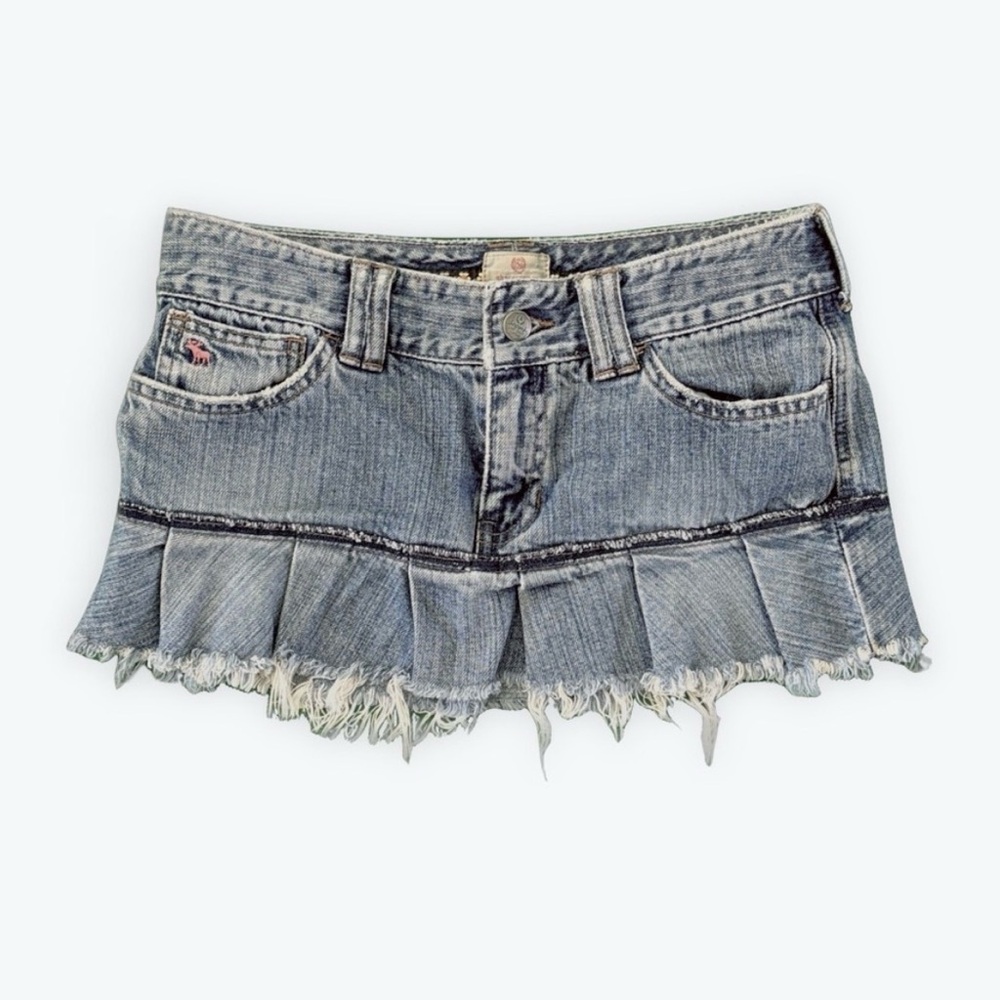 Abercrombie & Fitch Distressed Pleated Denim Mini Skirt - Light Blue